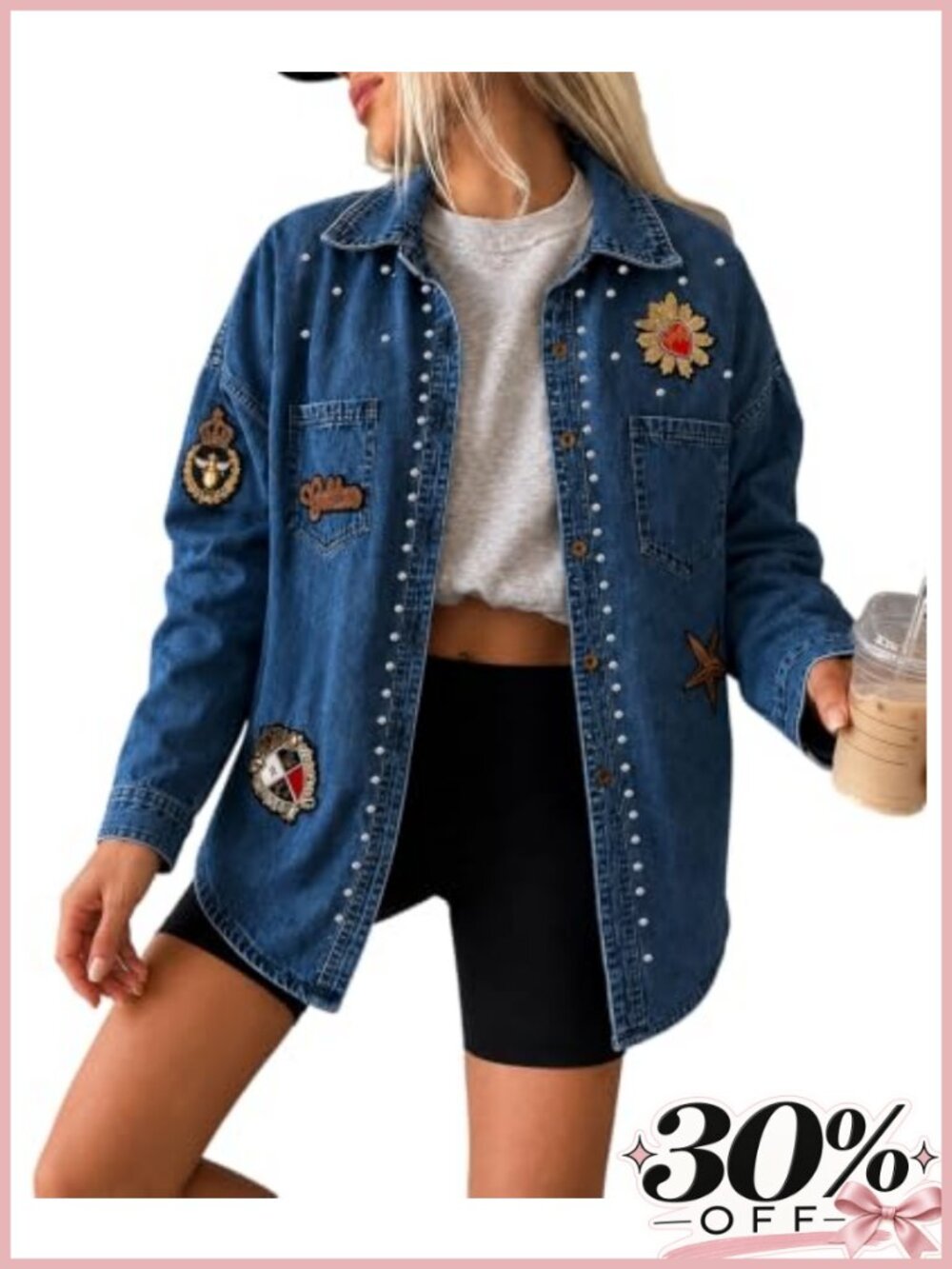 Oversized Rhinestone Denim Shacket Embroidered Button Down Jacket